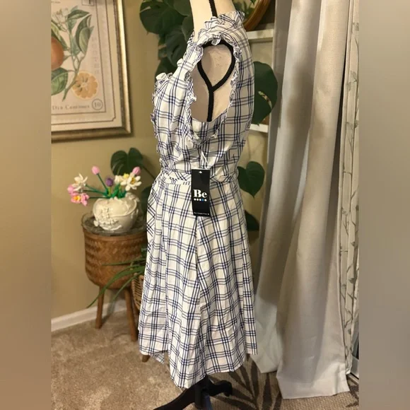 NWT White/Navy Blue Plaid Checkered Ruffle Mini Dress - Picture 5 of 11